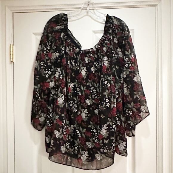 Max Studio Floral Off Shoulder Blouse Womens XL Pleated Flowy Shirt Top Black - Picture 5 of 10